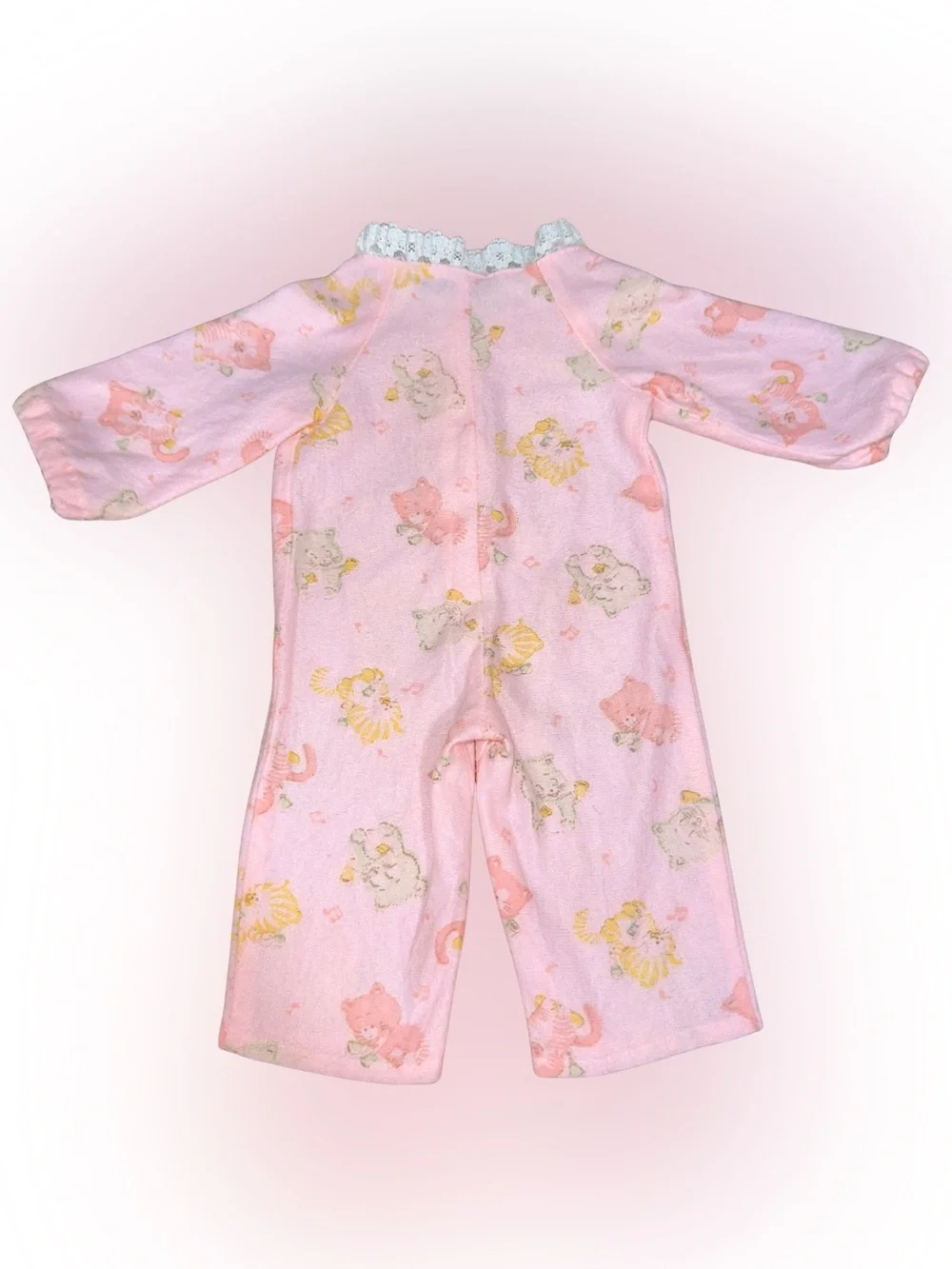 Vintage 60’s Soft Baby Doll Romper Jumpsuit Lace Trim Kitty Cat Print